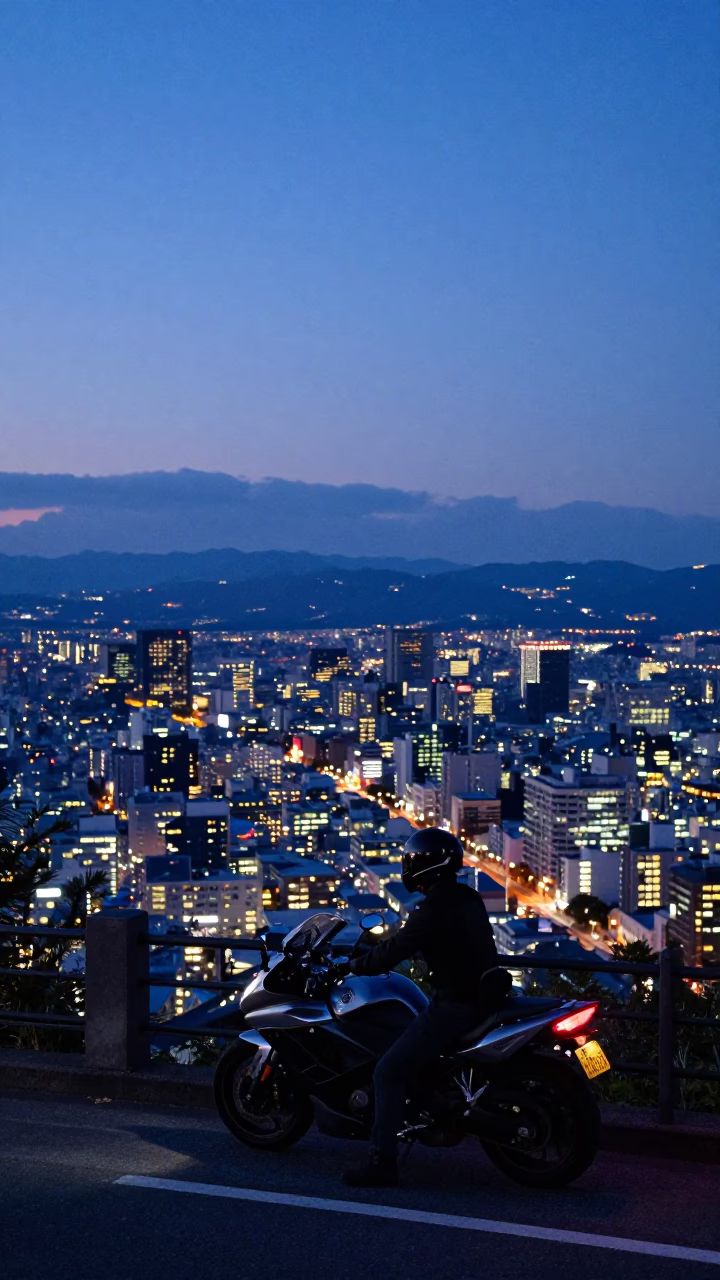 Blue Hour Street Scene in Sapporo Japan with Motorcyclist and Urban Lights in in Sapporo, Japan