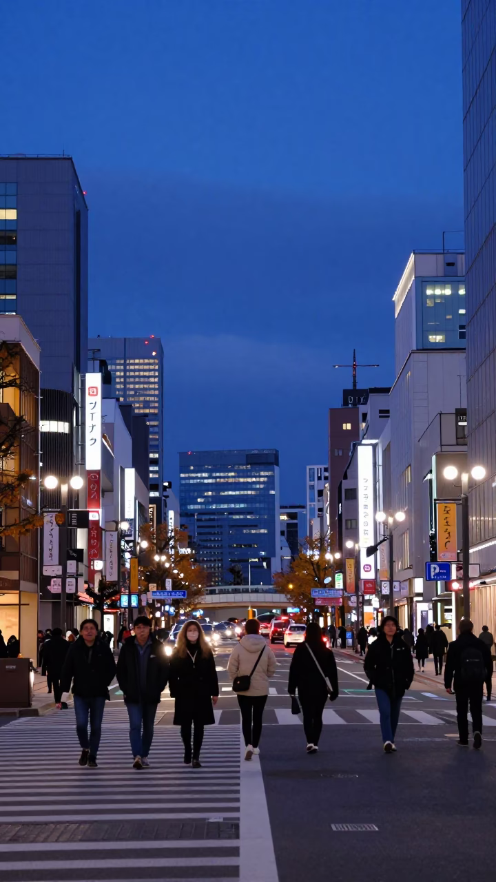 Blue Hour Street Scene in Sapporo Japan with Pedestrians and Neon Lights in in Sapporo, Japan