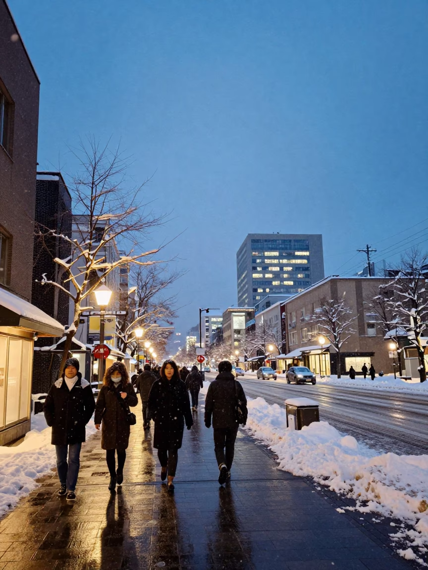 Blue Hour Street Scene in Sapporo Japan with Snow and Urban Life in in Sapporo, Japan