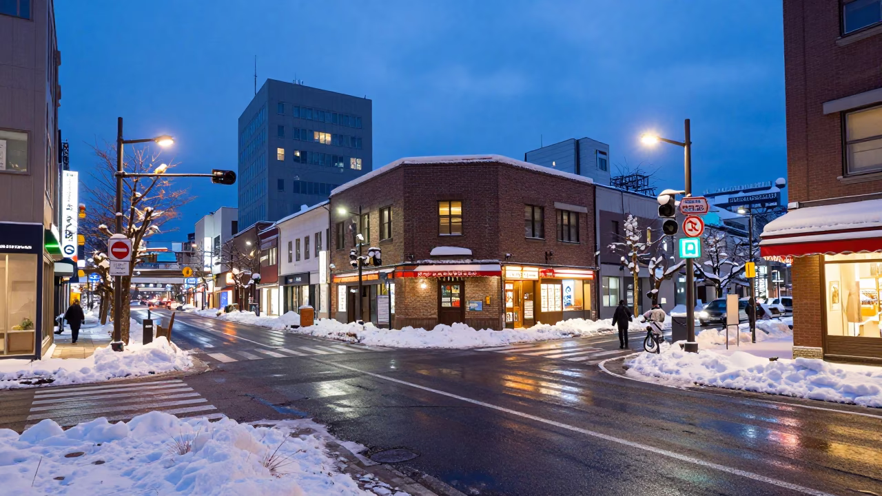 Blue Hour Street Scene in Sapporo Japan with Snow and Urban Lights in in Sapporo, Japan