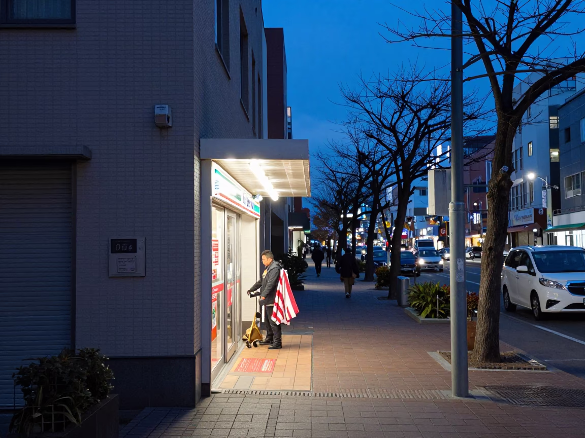 Blue Hour Street Scene in Sapporo Japan with Striped Towel and Urban Life in in Sapporo, Japan