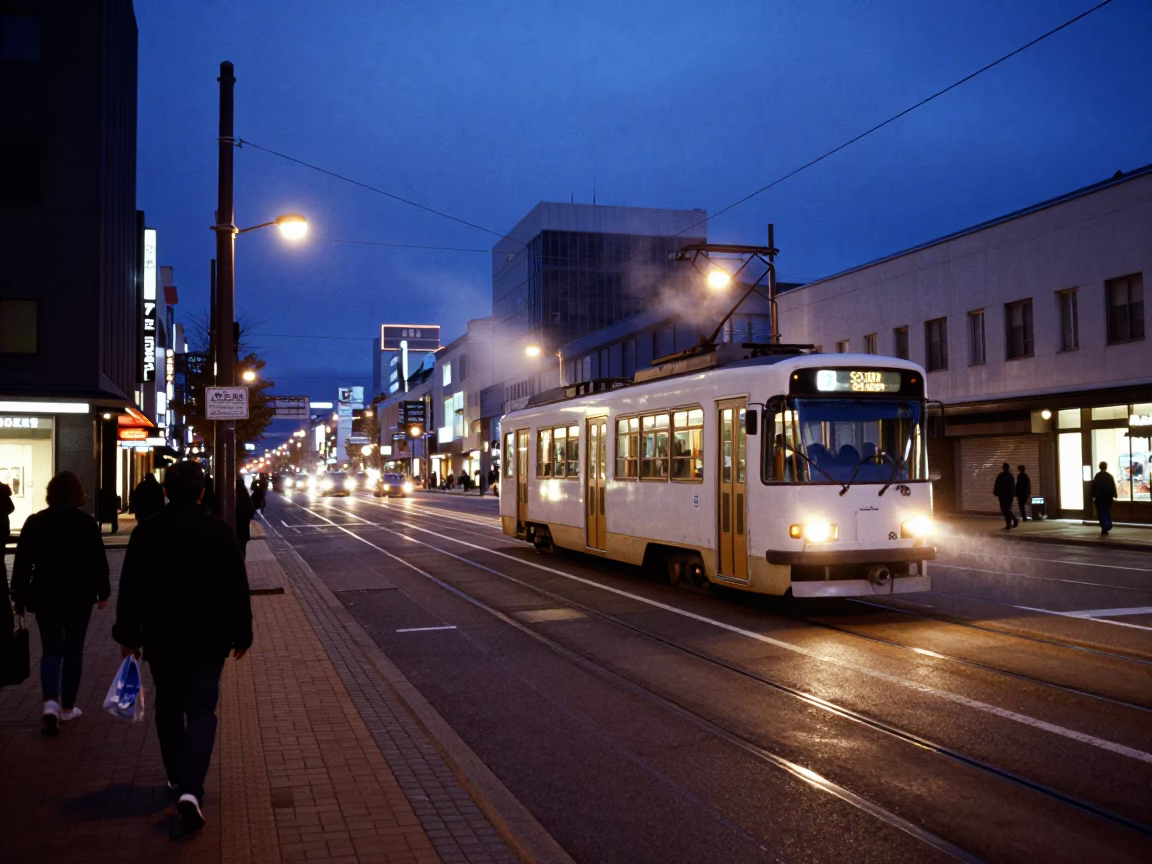 Blue Hour Street Scene in Sapporo Japan with Tram and Condensation in in Sapporo, Japan