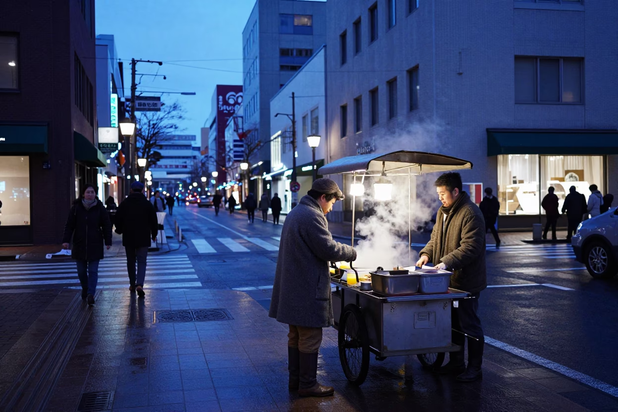 Blue Hour Street Scene in Sapporo Japan with Vintage 1950s Atmosphere in in Sapporo, Japan