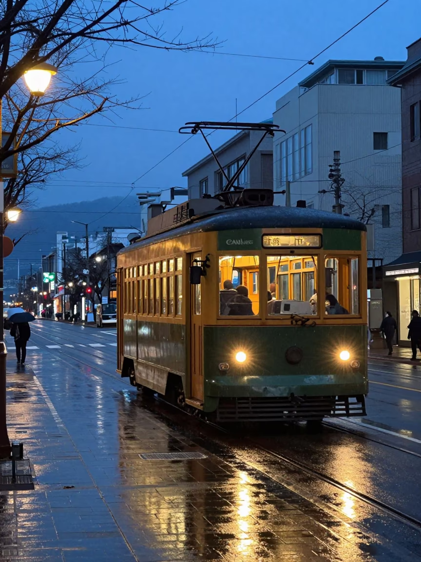 Blue Hour Street Scene in Sapporo Japan with Vintage Tram and Wet Pavement Reflections in in Sapporo, Japan