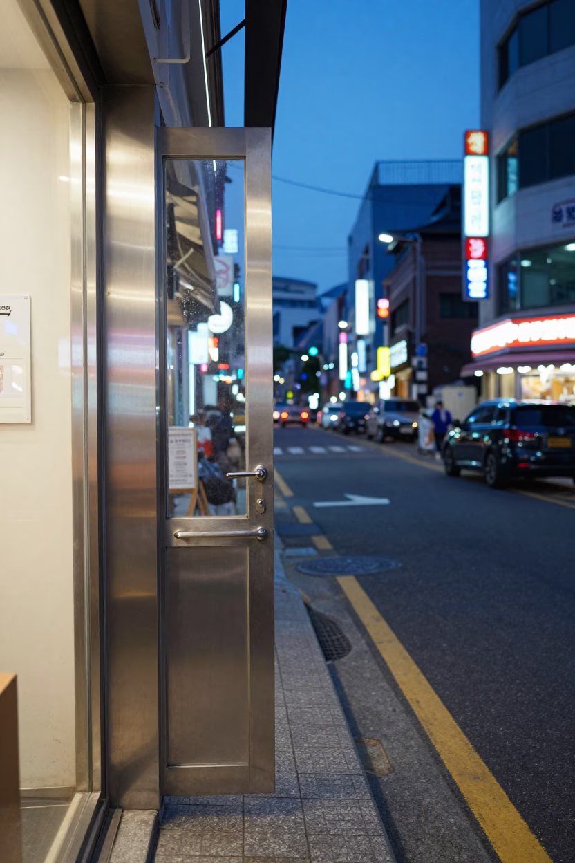Blue Hour Street Scene in Seoul South Korea with Brushed Steel and Urban Life in in Seoul, South Korea
