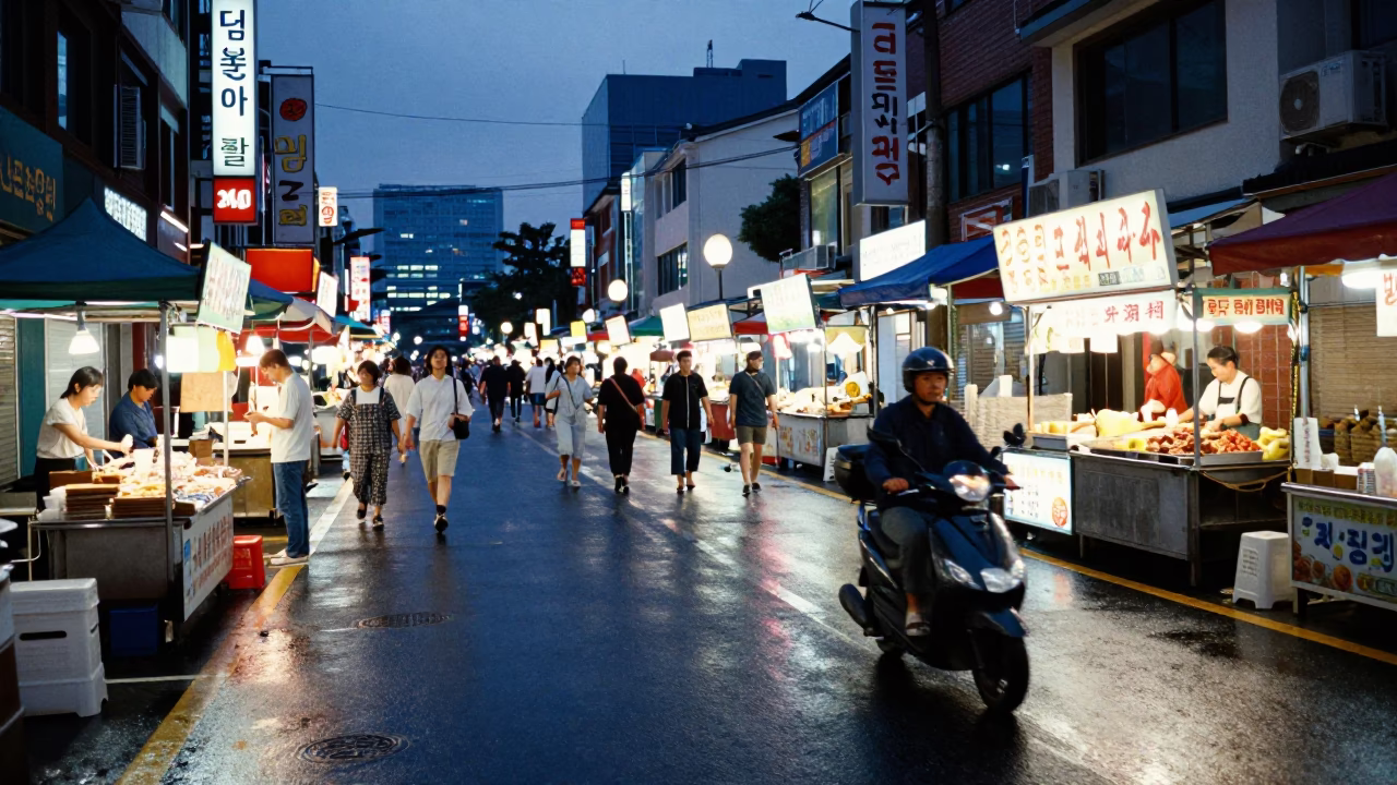 Blue Hour Street Scene in Seoul South Korea with Scooter and Night Market Food in in Seoul, South Korea