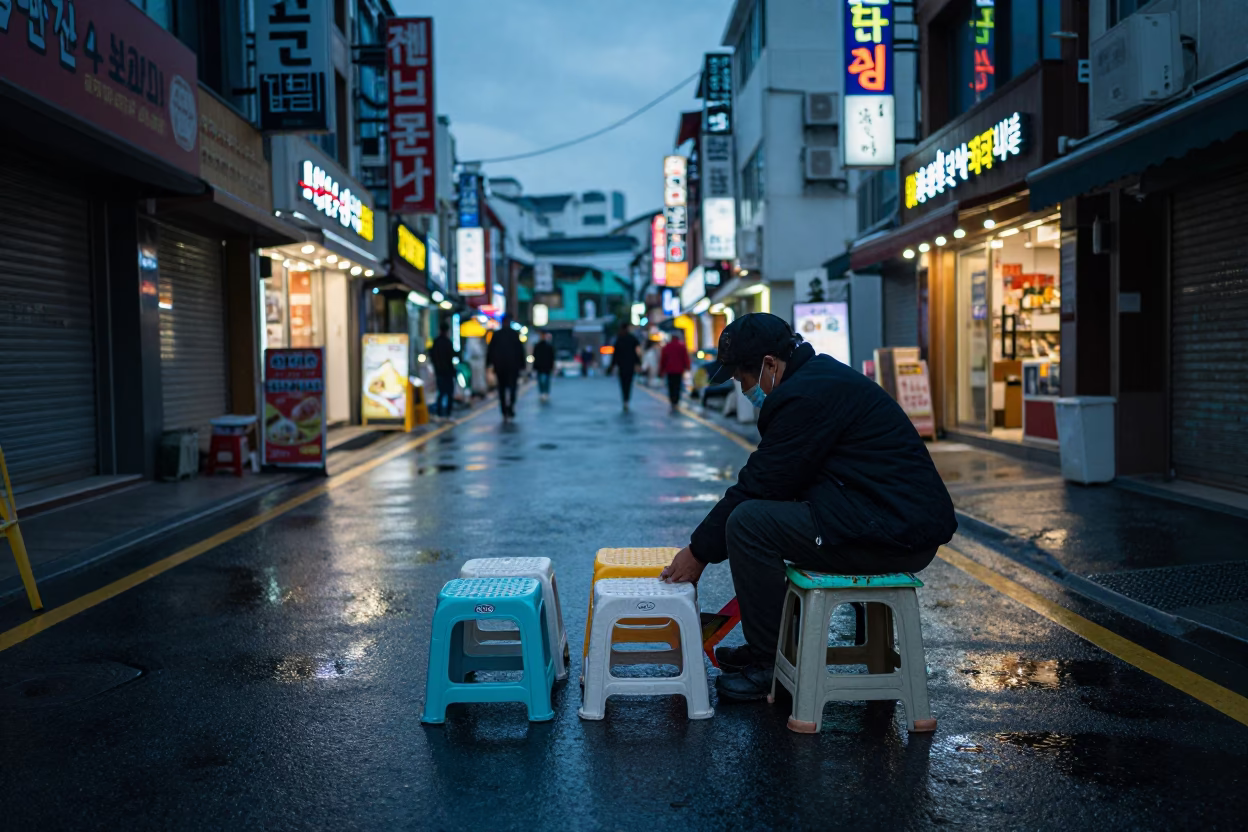 Blue Hour Street Scene in Seoul South Korea with Vendor Folding Stools in in Seoul, South Korea