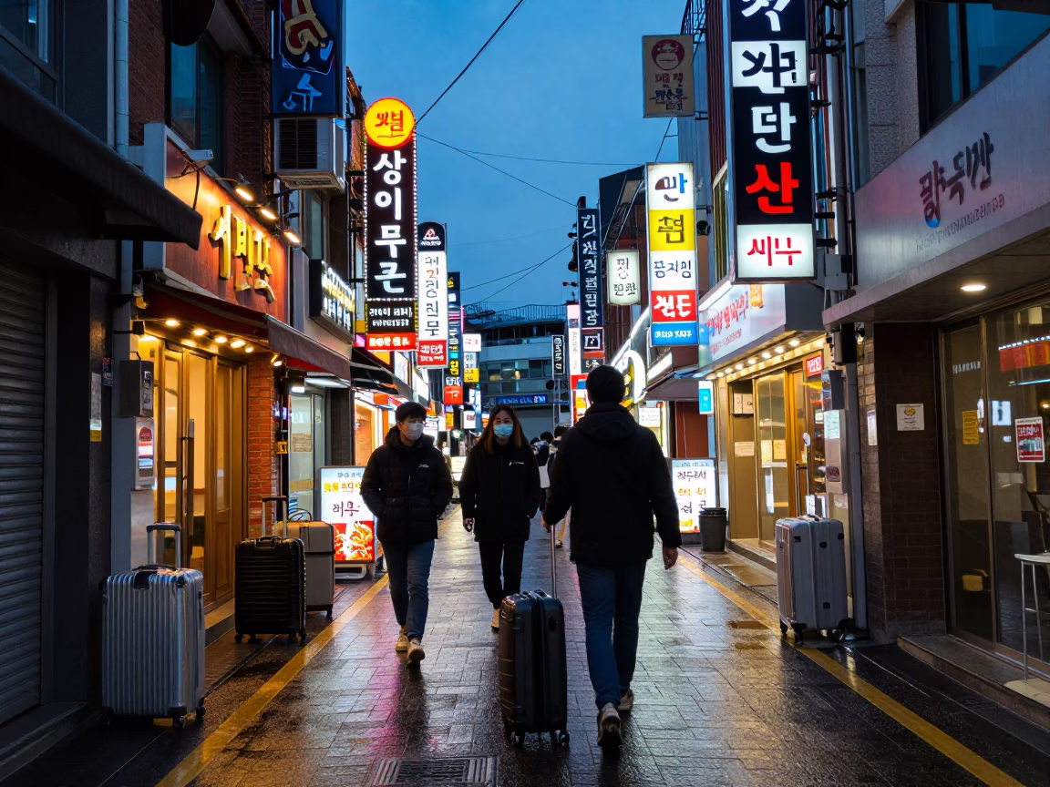 Blue Hour Street Scene in Seoul With Neon Signs And Suitcases in in Seoul, South Korea