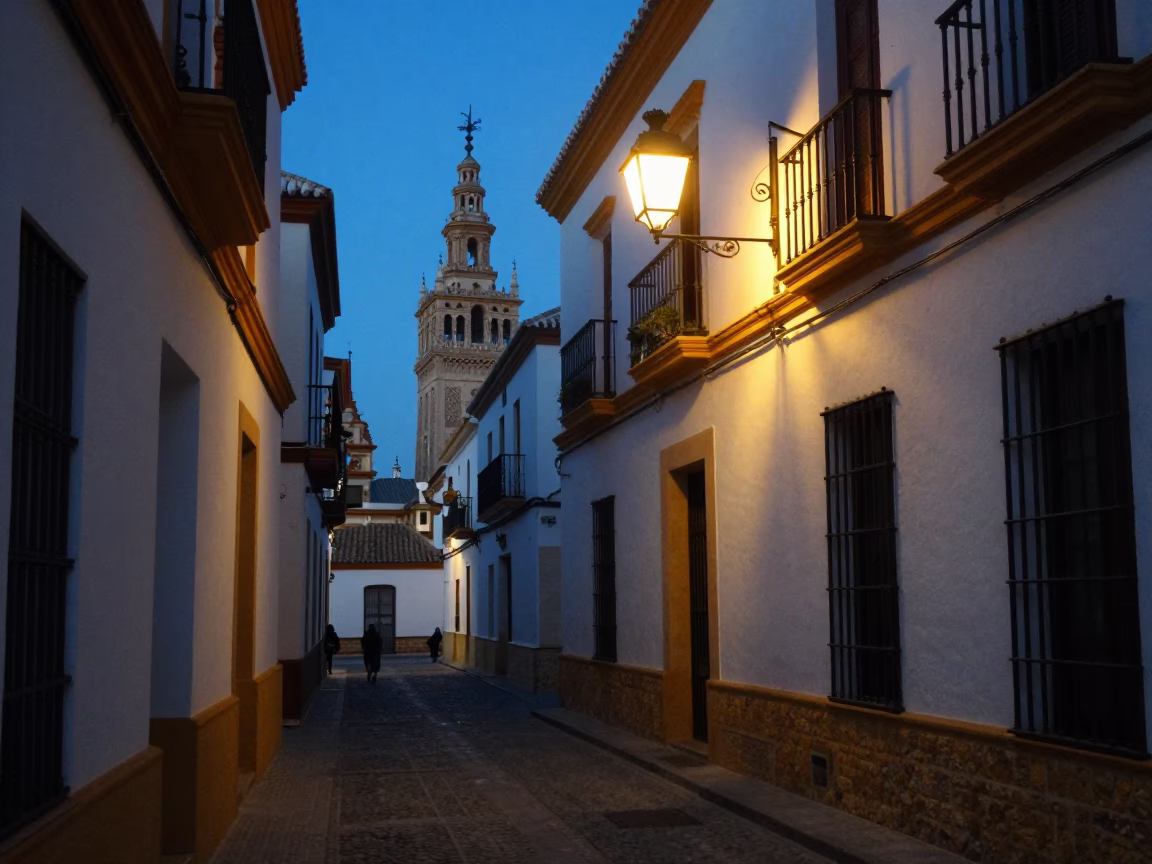 Blue Hour Street Scene in Seville Spain with Lantern and Local Life in in Seville, Spain