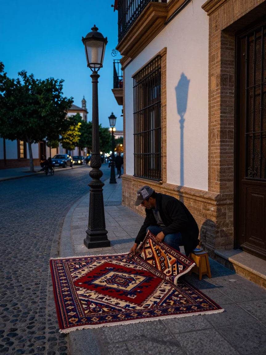 Blue Hour Street Scene in Seville Spain with Patterned Rug and Candlestick in in Seville, Spain