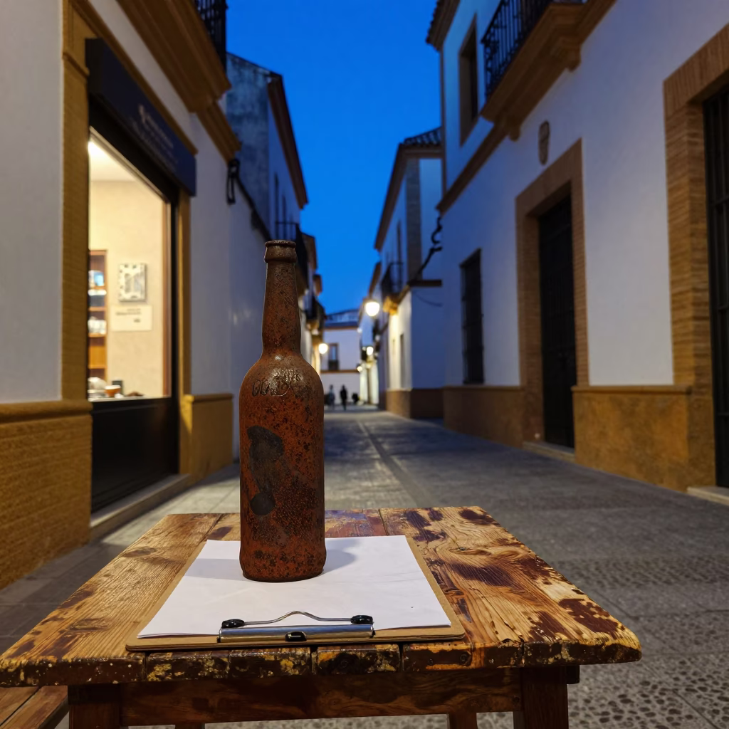 Blue Hour Street Scene in Seville Spain with Rustic Bottle and Clipboard in in Seville, Spain