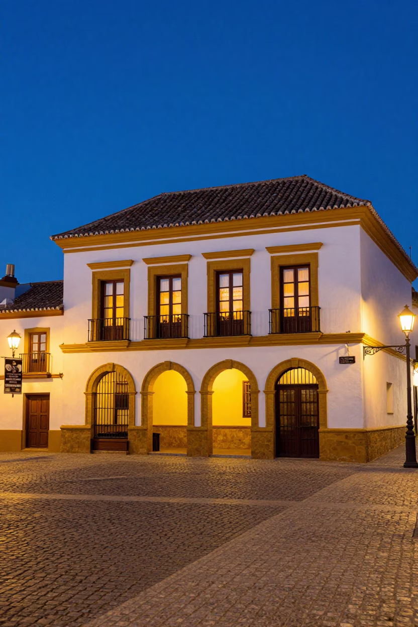 Blue Hour Street Scene in Seville Spain with Vintage 1960s Aesthetic and Local Details in in Seville, Spain