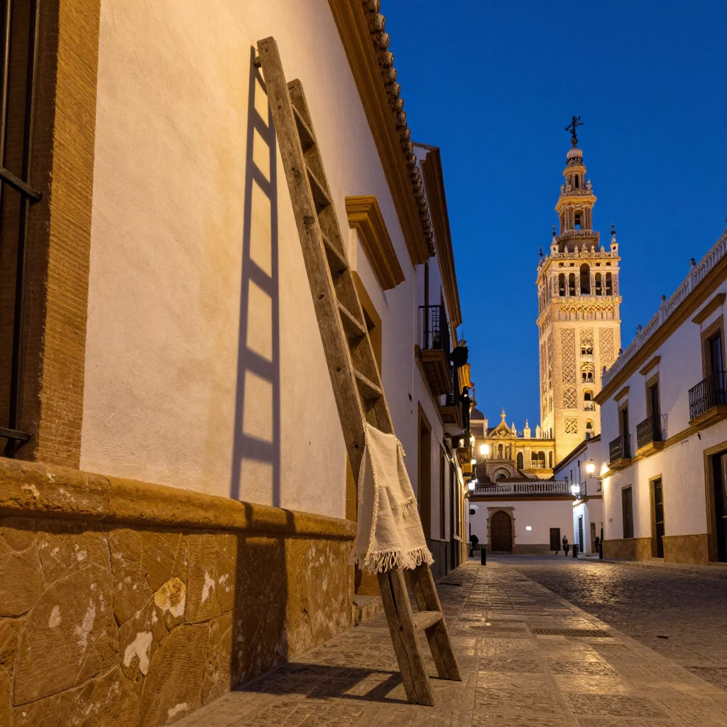 Blue Hour Street Scene in Seville Spain with Wooden Ladder and Linen Fringe Details in in Seville, Spain
