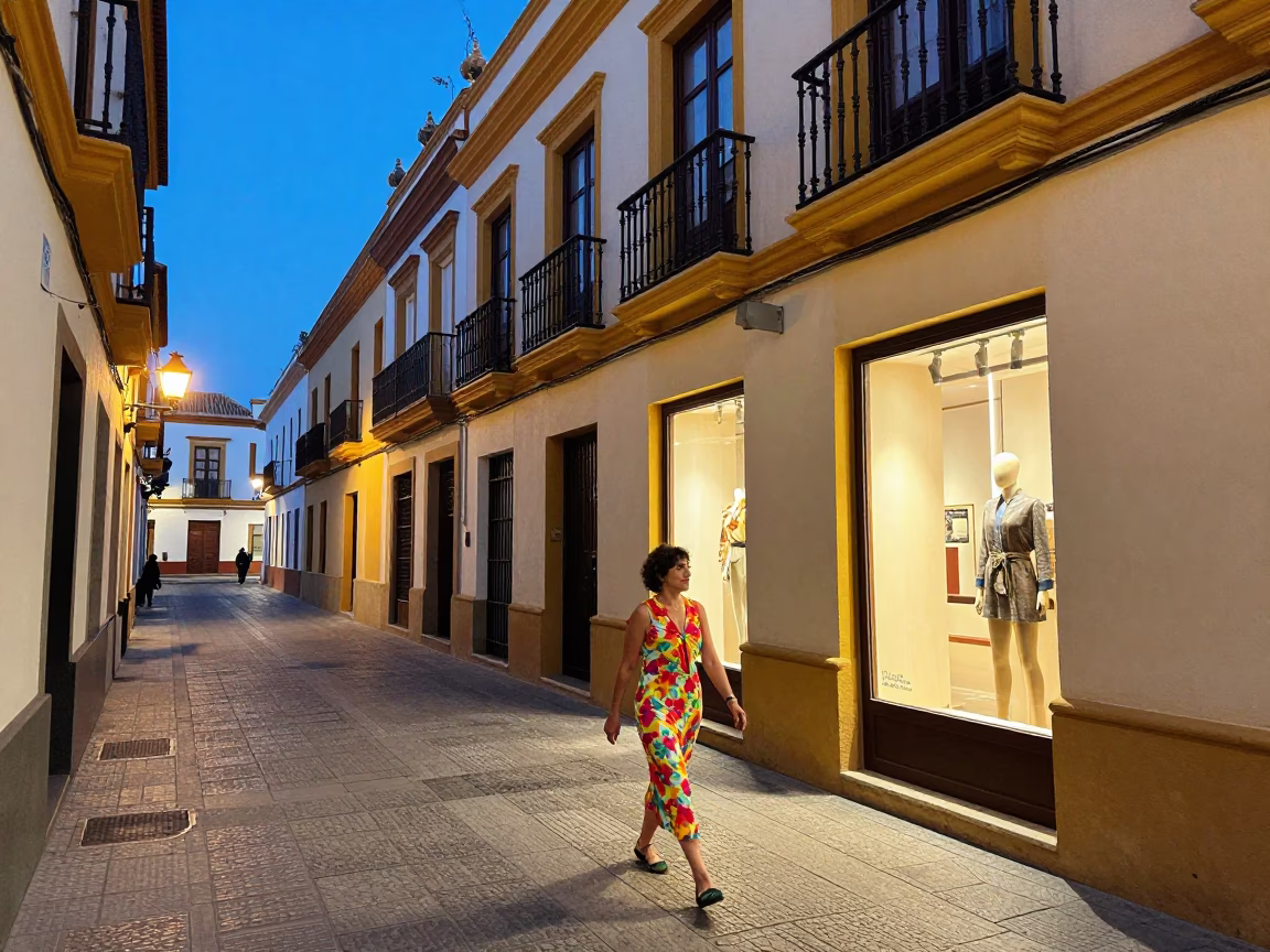 Blue Hour Street Scene in Seville With Colorful Facades And Local Life in in Seville, Spain