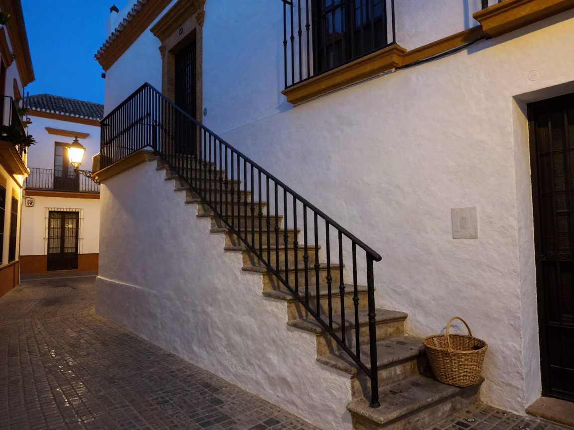 Blue Hour Street Scene in Seville With Stair Rail and Basket in in Seville, Spain