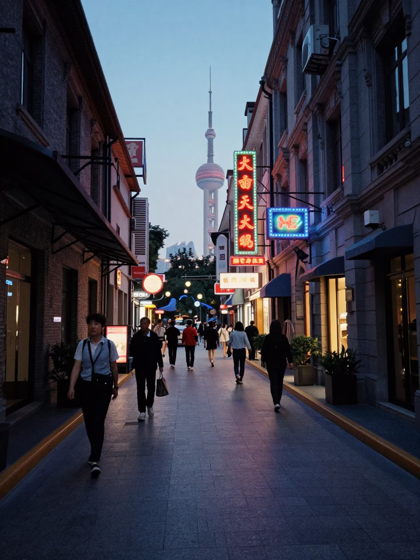 Blue Hour Street Scene in Shanghai China with Neon Lights and Urban Activity in in Shanghai, China