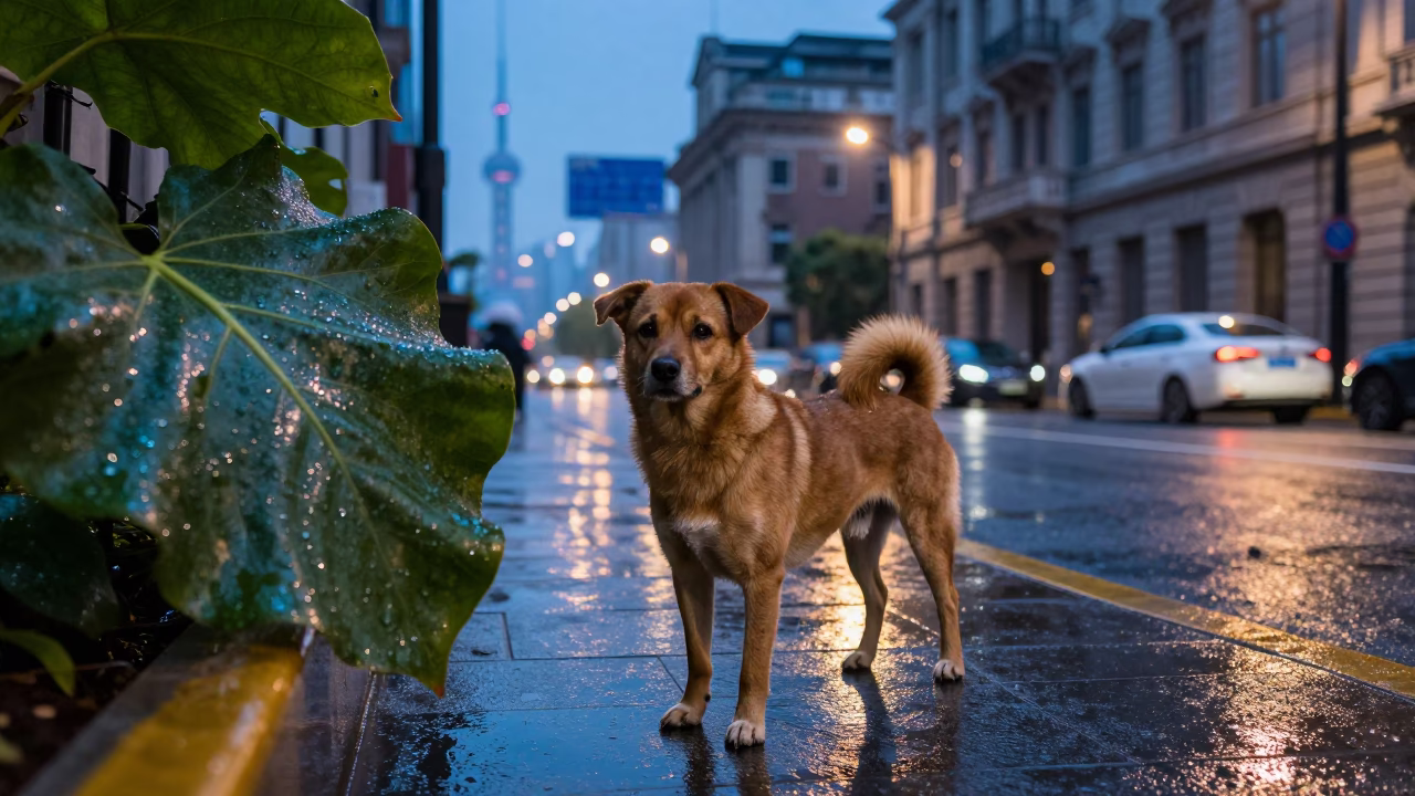 Blue hour street scene in Shanghai with brown dog and broad leaves in in Shanghai, China