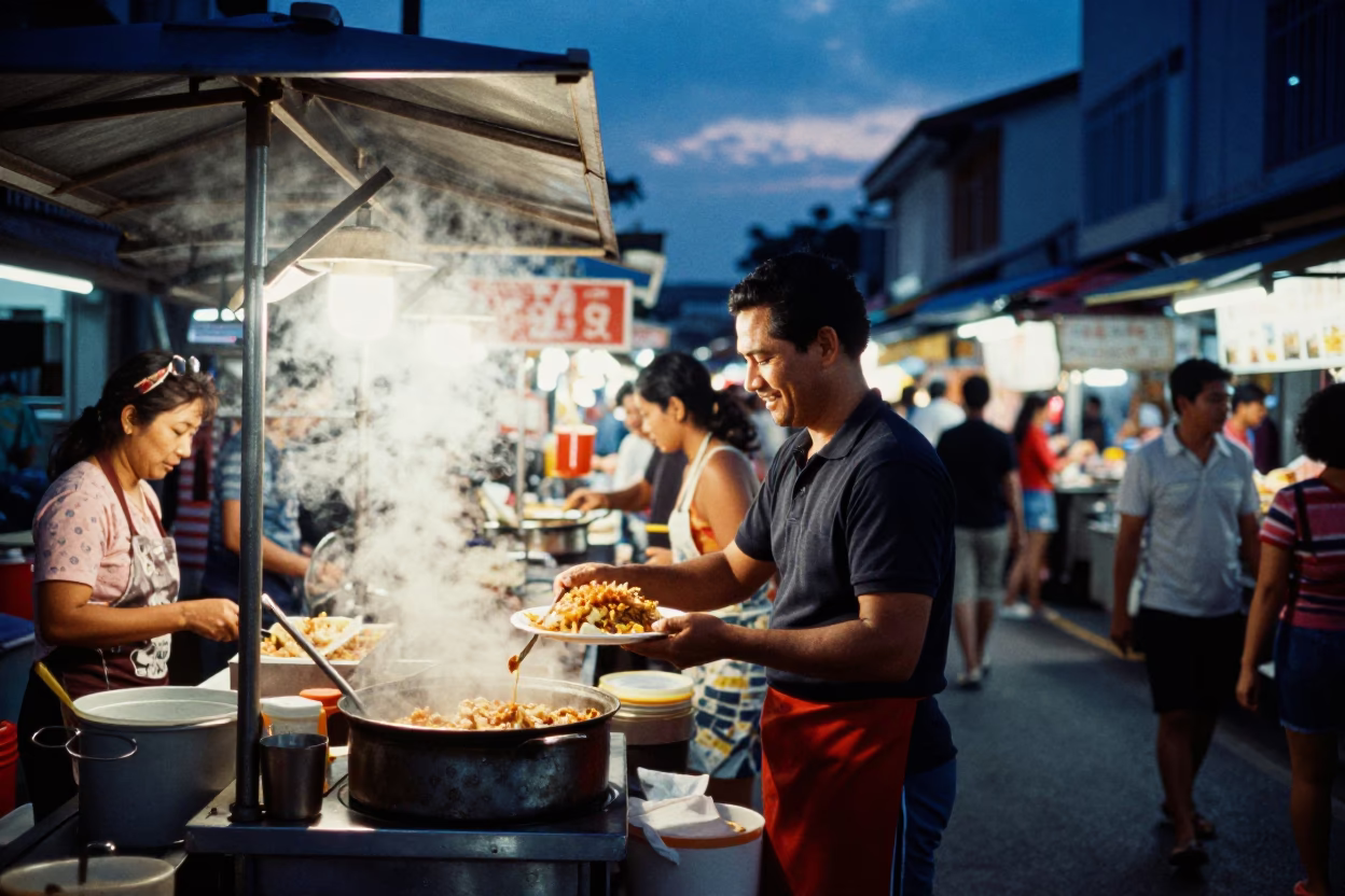 Blue Hour Street Scene in Singapore with Food Vendors and Pedestrians in in Singapore, Singapore