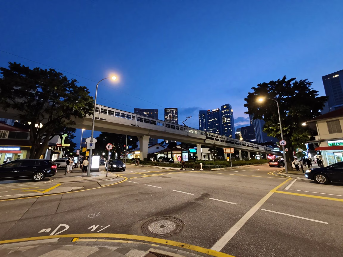 Blue Hour Street Scene in Singapore with Funicular Railway and Urban Infrastructure in in Singapore, Singapore