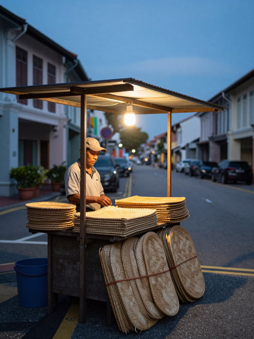 Blue Hour Street Scene in Singapore with Local Shopkeeper and Woven Mats in in Singapore, Singapore