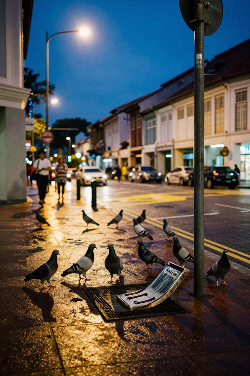Blue Hour Street Scene in Singapore with Pigeons and Vintage Details in in Singapore, Singapore