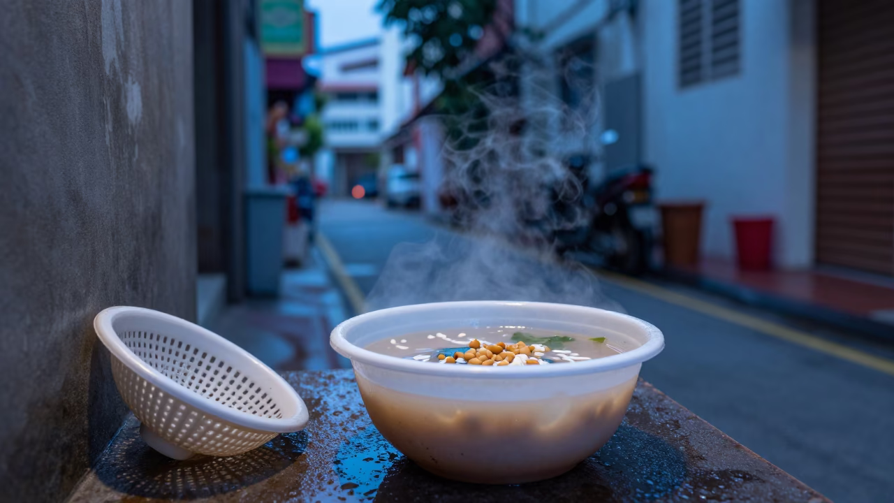 Blue Hour Street Scene in Singapore with Plastic Bowl and Sink Strainer in in Singapore, Singapore