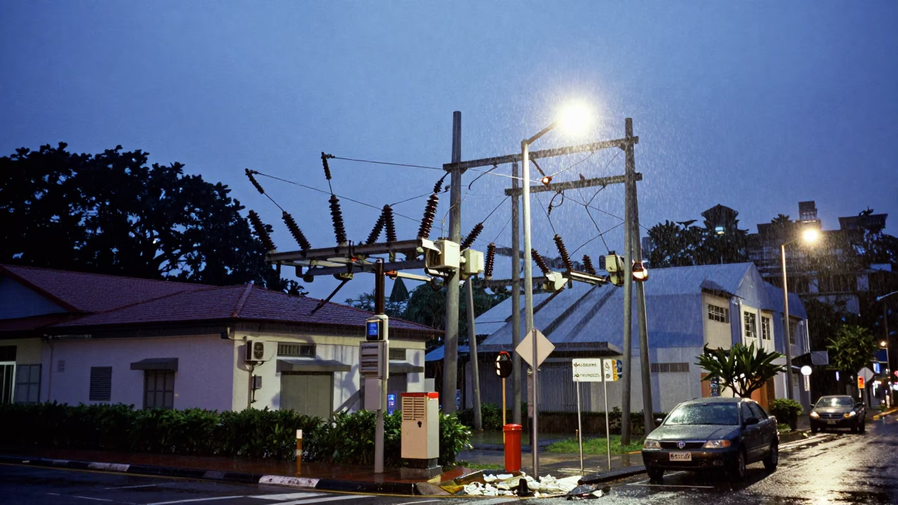 Blue Hour Street Scene in Singapore with Substation Insulators and Rain in in Singapore, Singapore