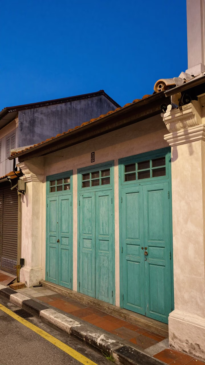 Blue Hour Street Scene in Singapore with Traditional Cupboard Doors and Local Shop Details in in Singapore, Singapore