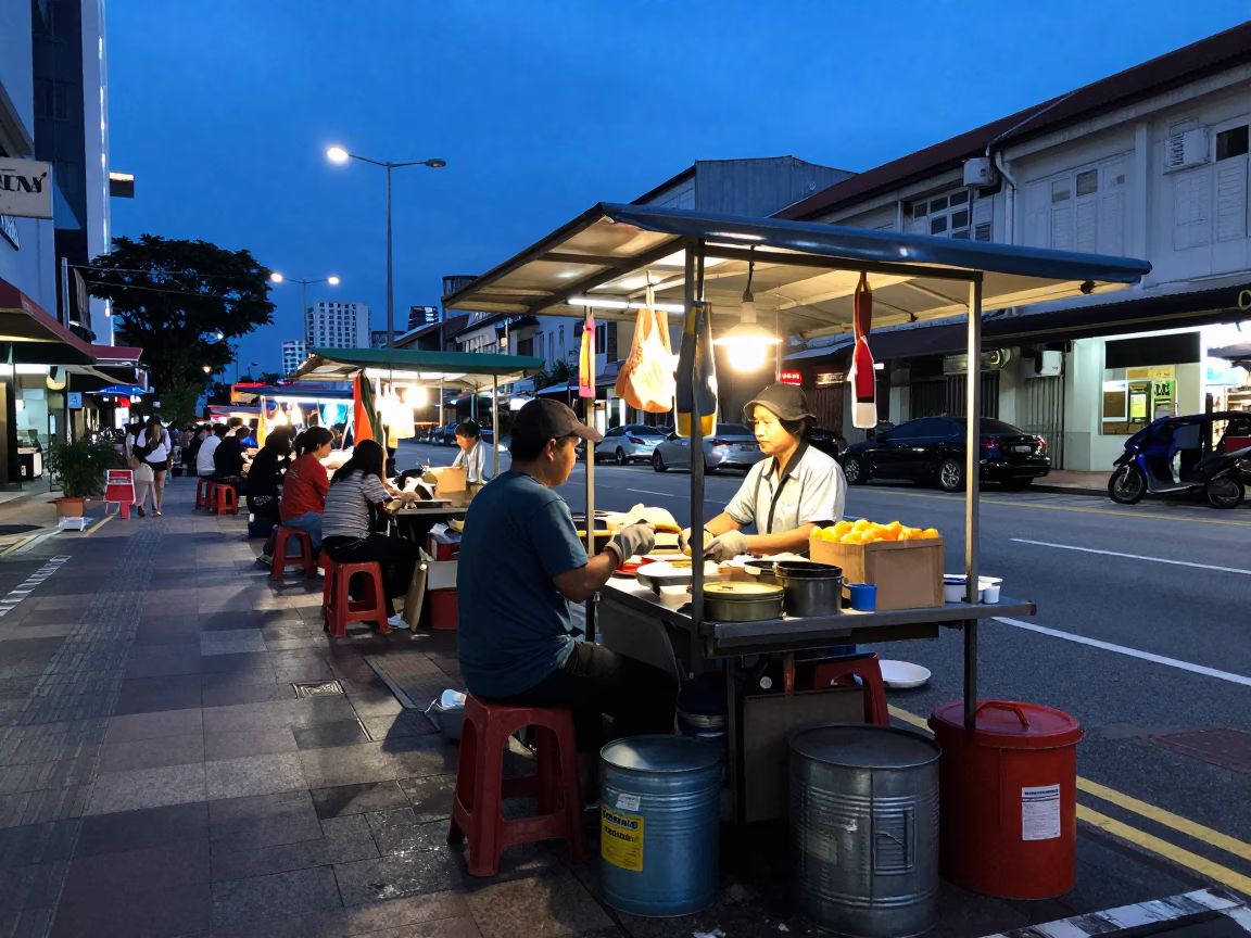 Blue Hour Street Scene in Singapore with Work Gloves and Storage Tins in in Singapore, Singapore