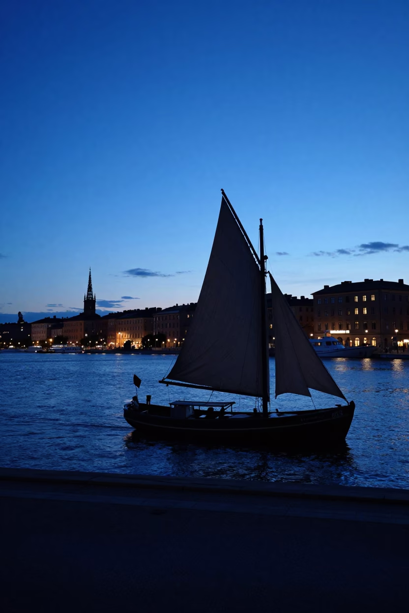 Blue Hour Street Scene in Stockholm Sweden Showing Dhow Sailboat Silhouette in in Stockholm, Sweden