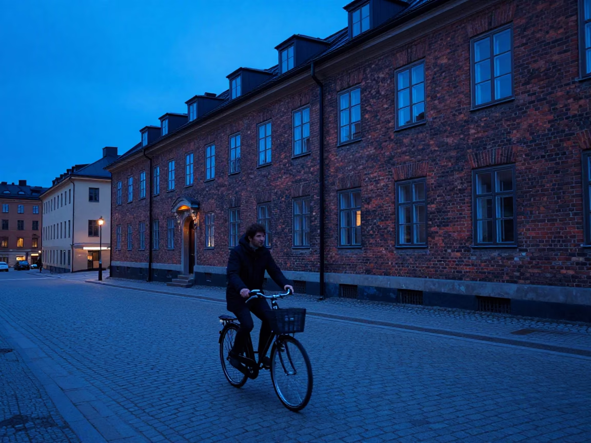 Blue Hour Street Scene in Stockholm Sweden with Bicycle and Urban Architecture in in Stockholm, Sweden