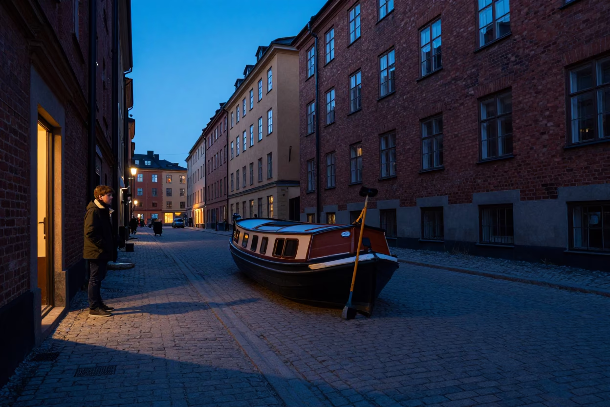 Blue Hour Street Scene in Stockholm Sweden with Coat Brush and Narrowboat in in Stockholm, Sweden