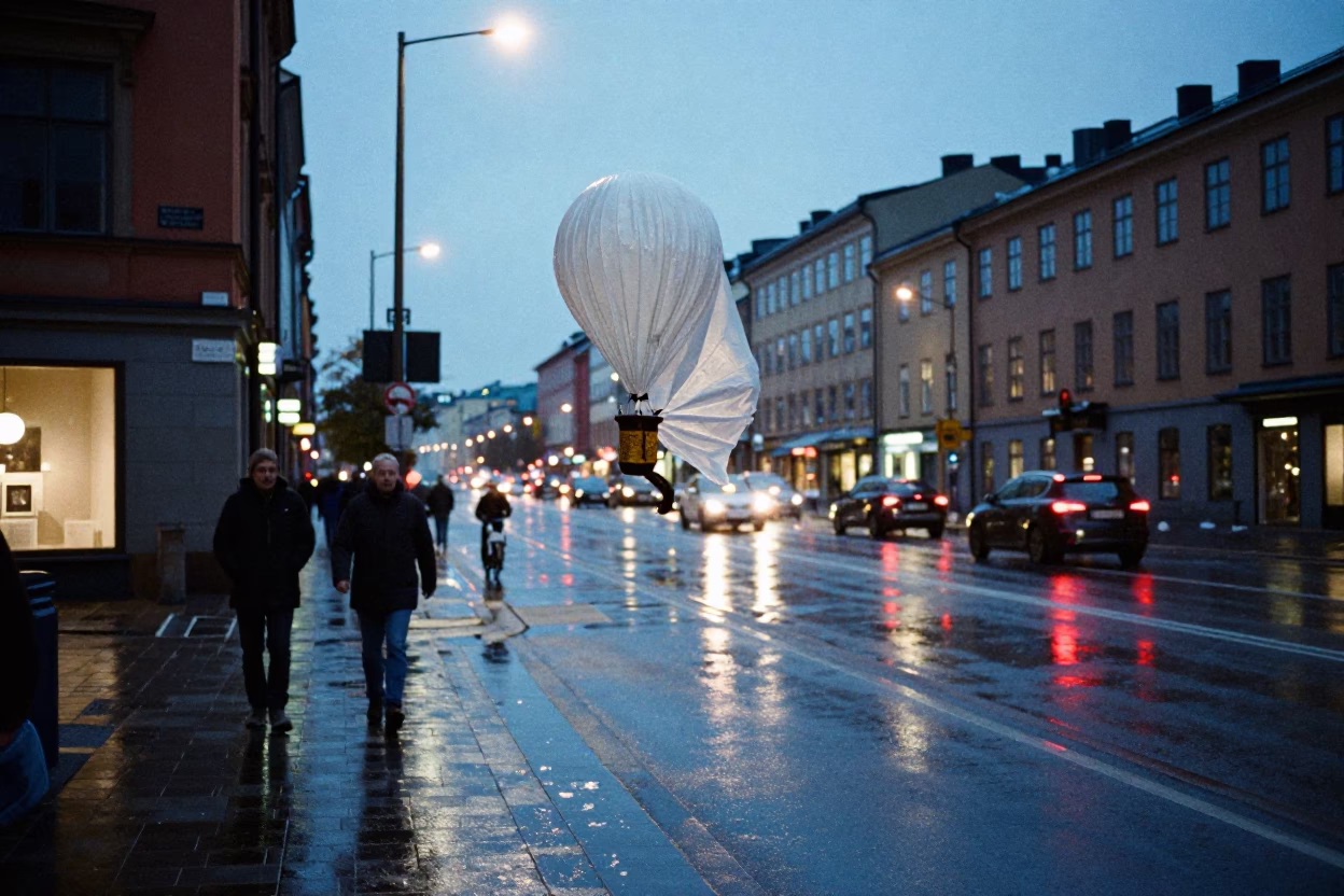 Blue Hour Street Scene in Stockholm Sweden with Condensation and Wet Asphalt in in Stockholm, Sweden