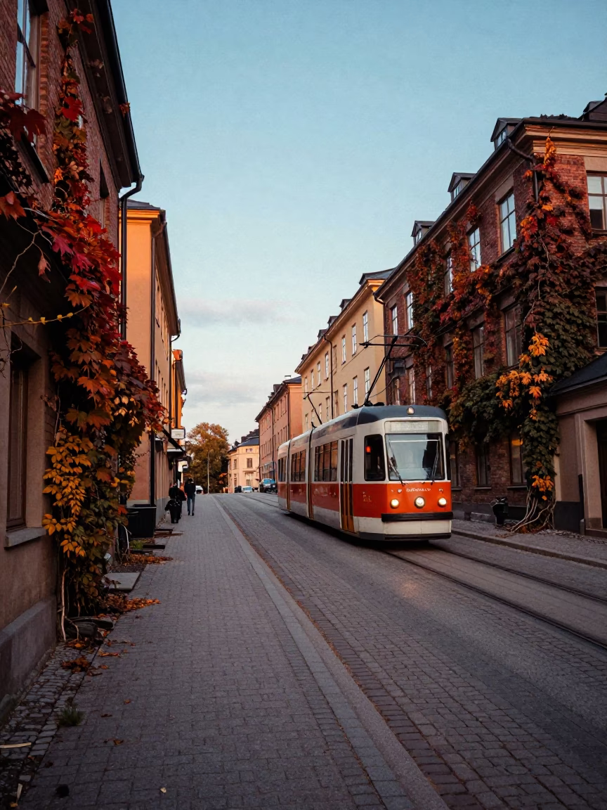 Blue Hour Street Scene in Stockholm Sweden with Tram and Autumn Vines in in Stockholm, Sweden