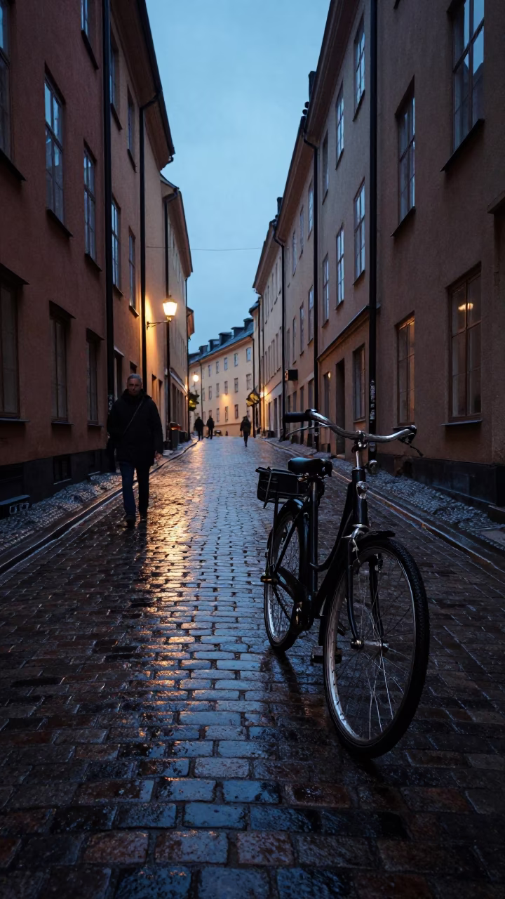 Blue Hour Street Scene in Stockholm Sweden with Vintage Bicycle and Cobblestone Alleyway in in Stockholm, Sweden