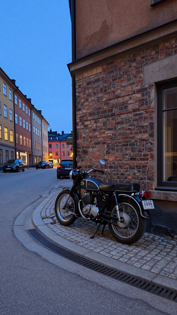 Blue Hour Street Scene in Stockholm Sweden with Vintage Motorcycle and Urban Details in in Stockholm, Sweden