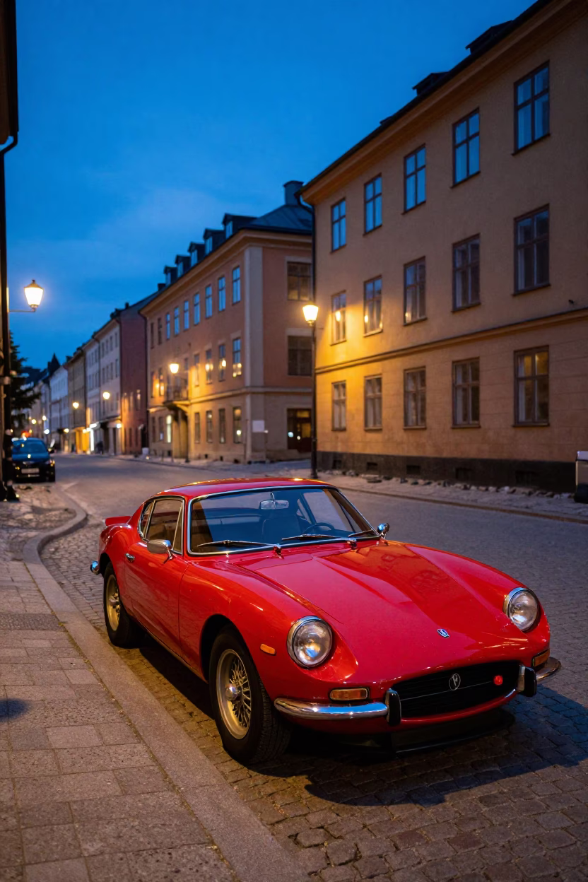 Blue Hour Street Scene in Stockholm Sweden with Vintage Red Sports Car in in Stockholm, Sweden