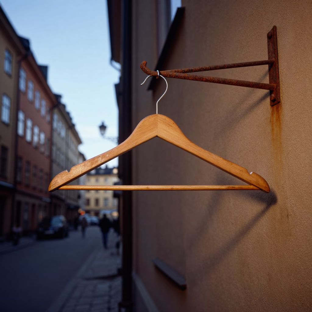 Blue Hour Street Scene in Stockholm Sweden with Wooden Hanger and Rusty Runner in in Stockholm, Sweden