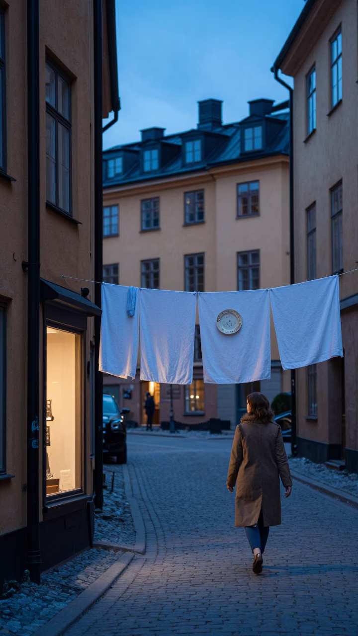 Blue Hour Street Scene in Stockholm with Drying Towels and Vintage Plate in in Stockholm, Sweden