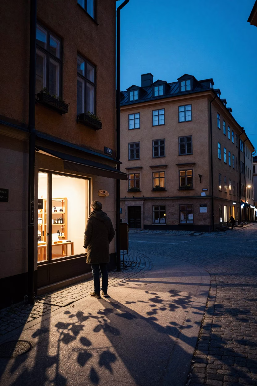 Blue Hour Street Scene in Stockholm With Leaf Shadows and Window Boxes in in Stockholm, Sweden