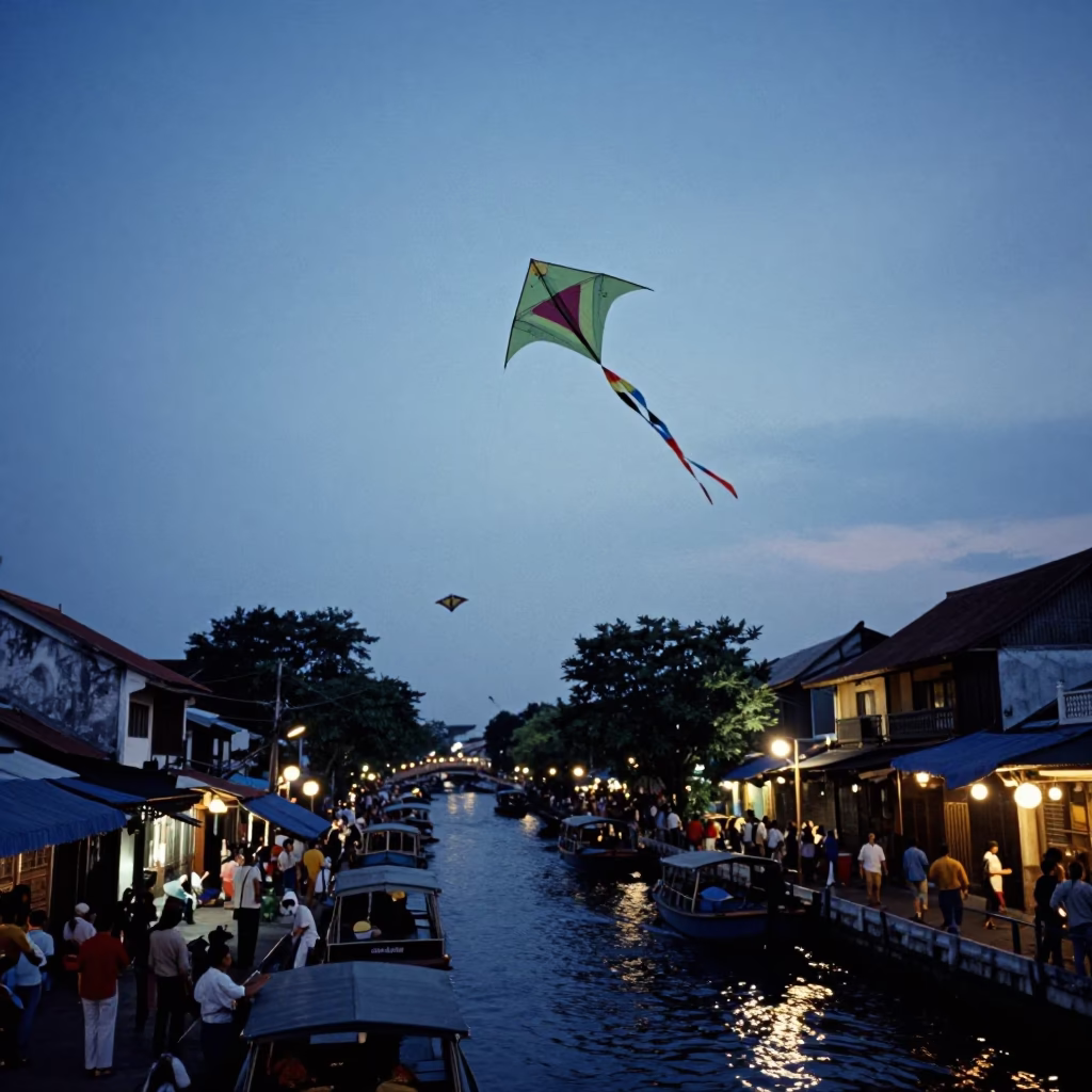 Blue Hour Street Scene in Surabaya Indonesia with Kites and Traditional Canals in in Surabaya, Indonesia