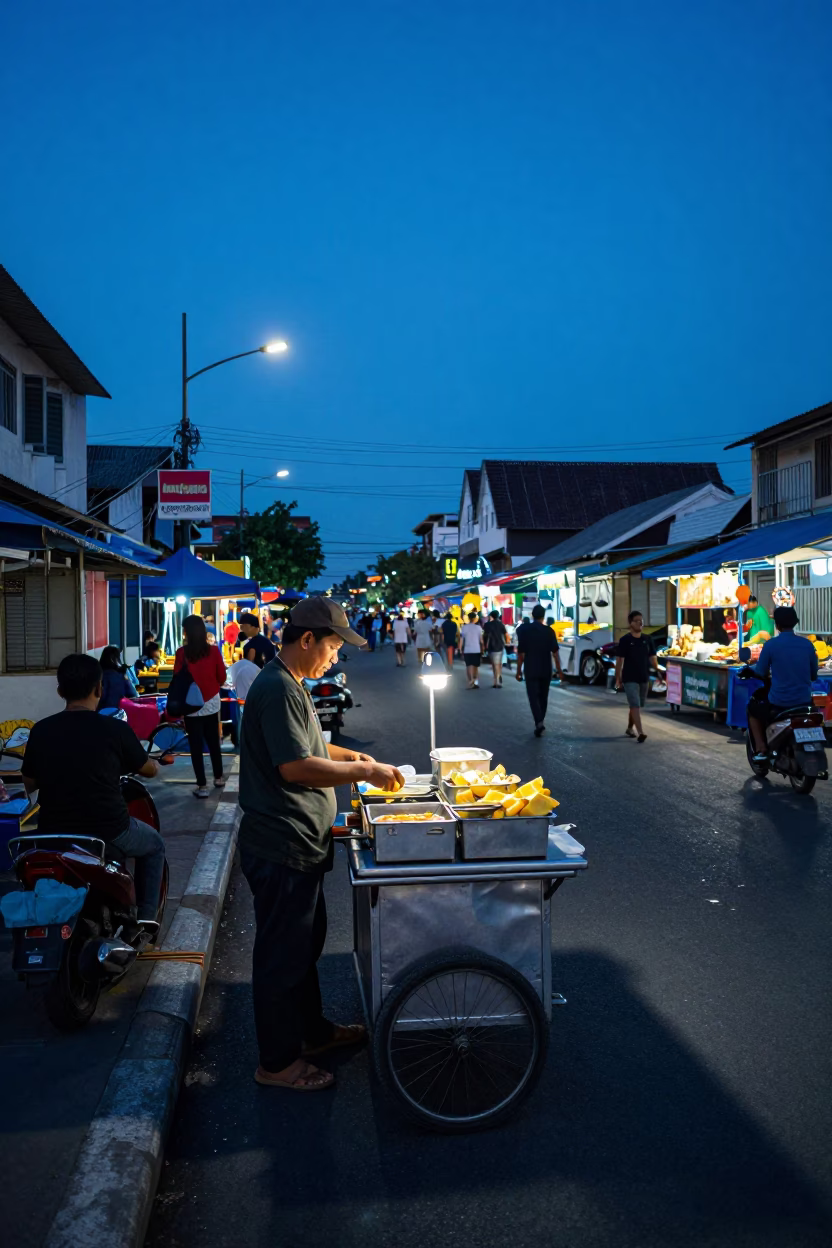Blue Hour Street Scene in Surabaya Indonesia with Local Food Vendor in in Surabaya, Indonesia