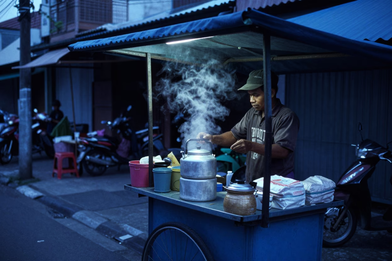 Blue Hour Street Scene in Surabaya Indonesia with Local Vendor in in Surabaya, Indonesia