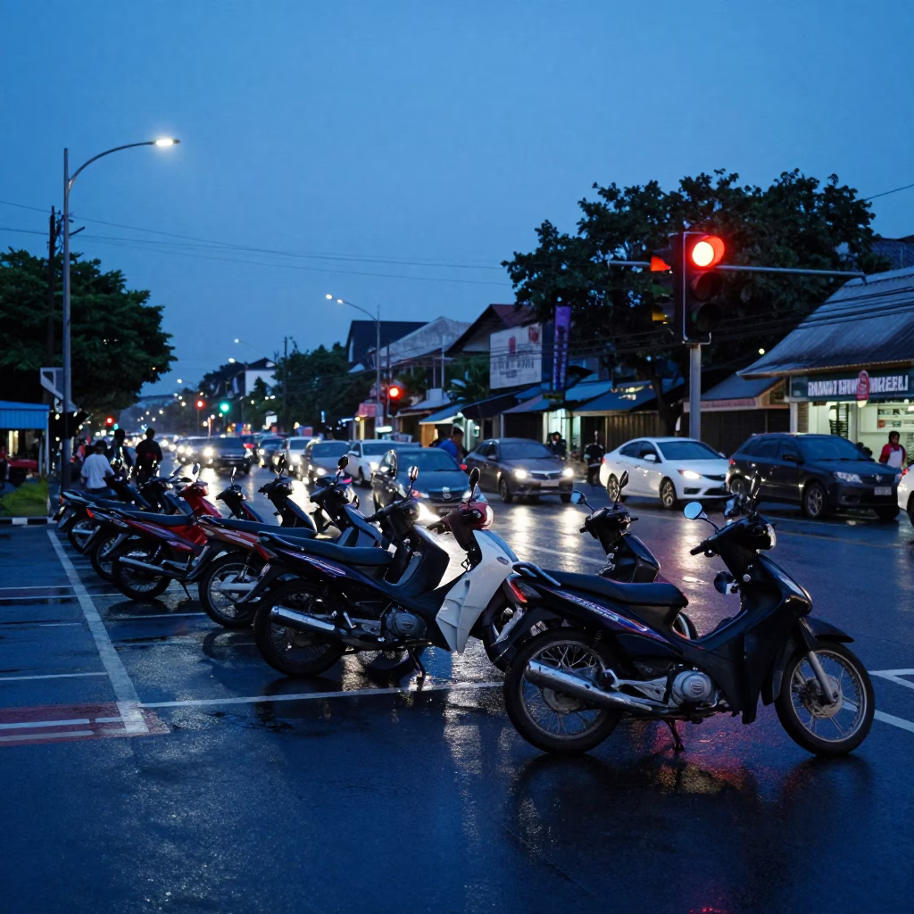 Blue Hour Street Scene in Surabaya Indonesia with Motorcycles and Wet Pavement in in Surabaya, Indonesia