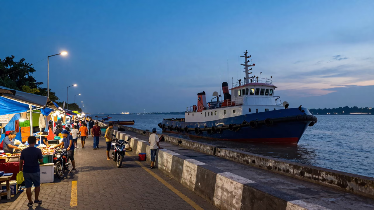 Blue Hour Street Scene in Surabaya Indonesia with Tugboat and Local Market Activity in in Surabaya, Indonesia