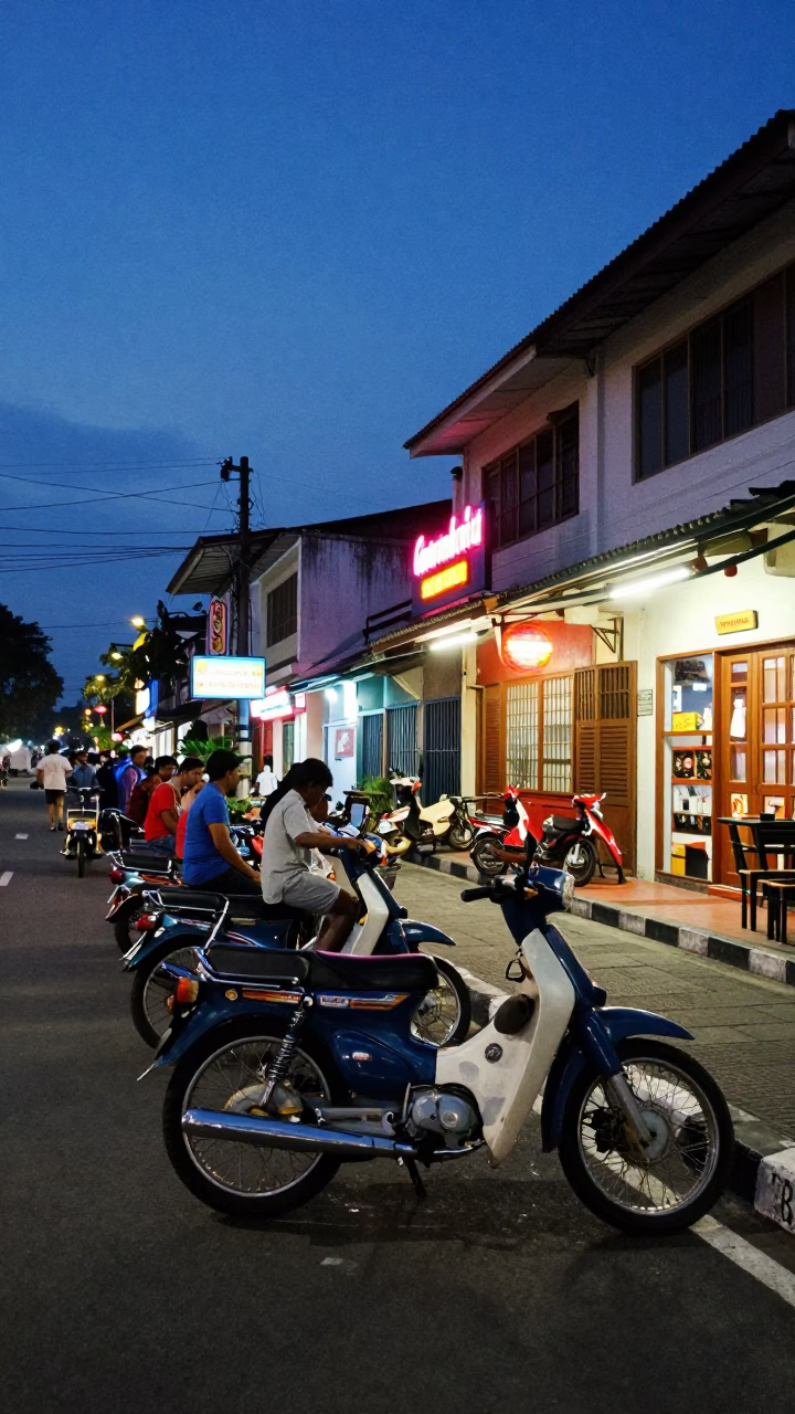 Blue Hour Street Scene in Surabaya Indonesia with Vintage Motorcycles and Local Pedestrians in in Surabaya, Indonesia