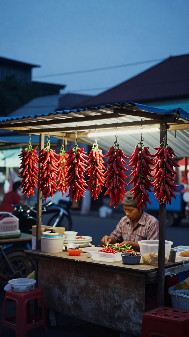 Blue Hour Street Scene in Surabaya With Hanging Chili Peppers in in Surabaya, Indonesia