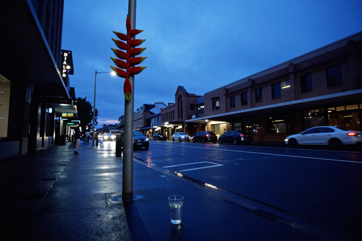 Blue Hour Street Scene in Sydney NSW Australia with Heliconia and Glass Cup in in Sydney, New South Wales, Australia