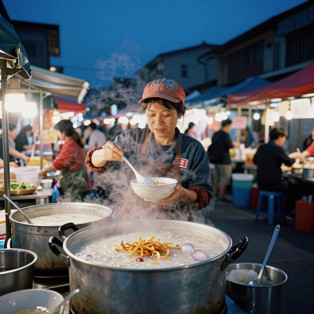 Blue Hour Street Scene in Tainan Taiwan Night Market Vendor Selling Congee in in Tainan, Taiwan