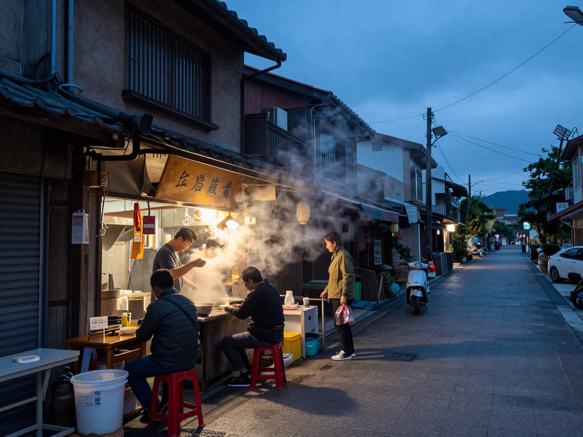 Blue Hour Street Scene in Tainan Taiwan with Condensation and Local Life in in Tainan, Taiwan